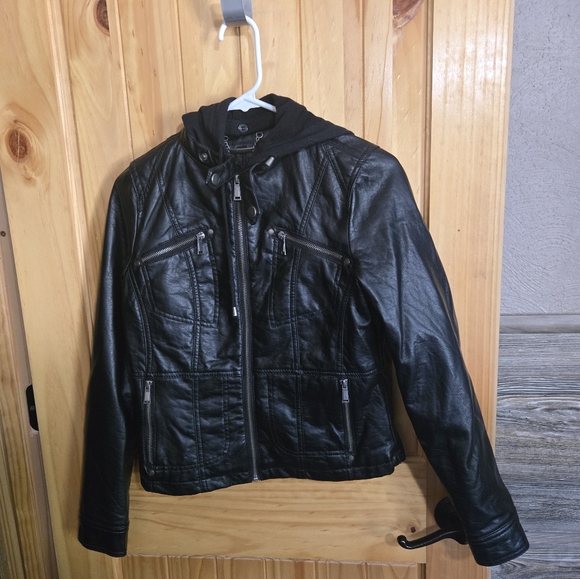 J2 Black Faux Leather Jacket With Hood Womans Size Small - Picture 1 of 9